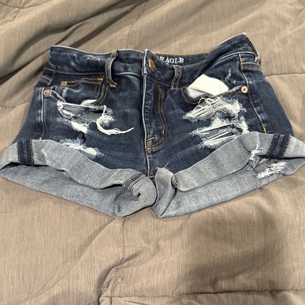 American Eagle Outfitters Distressed Rolled Hem Dark Blue Denim Shorts